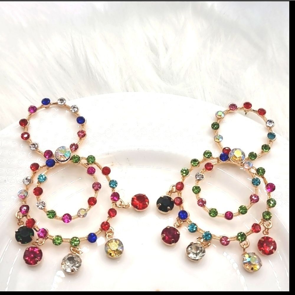 Rainbow Rhinestone Circle Dangle Earrings - image 7